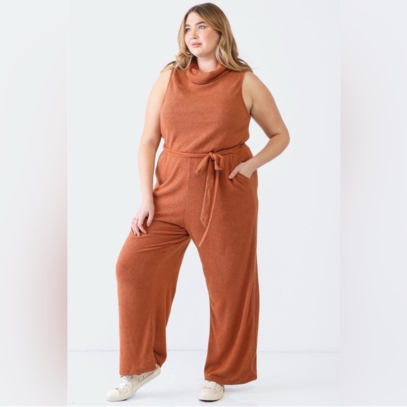 Gilli Plus Size Ribbed Sleeveless Turtle Neck Belted Jumpsuit - Picture 1 of 4